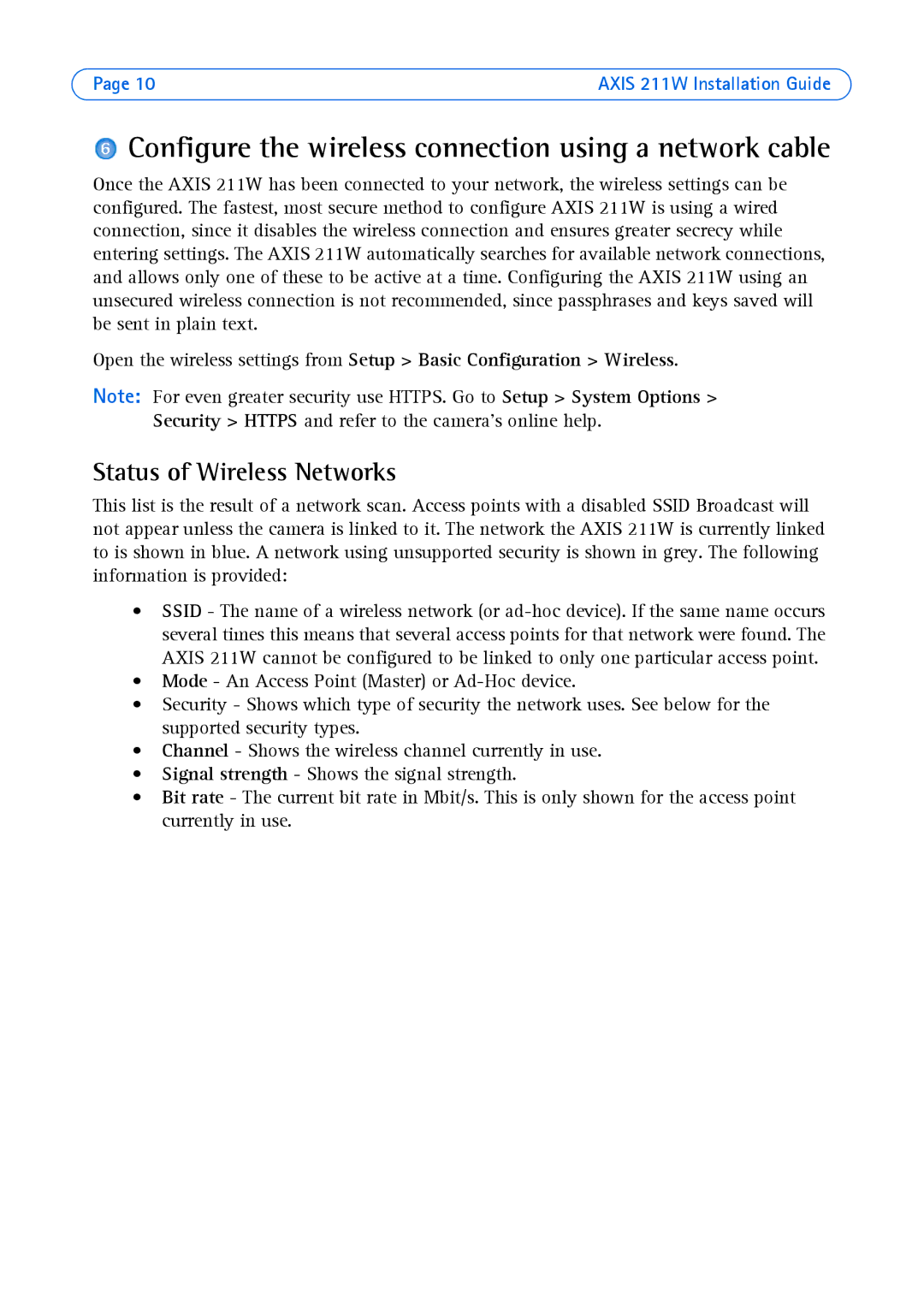 Axis Communications 211W manual Configure the wireless connection using a network cable, Status of Wireless Networks 