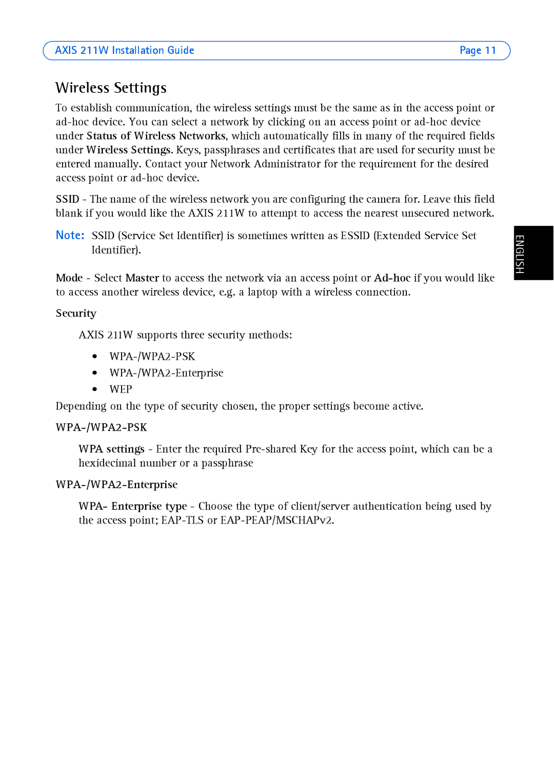 Axis Communications 211W manual Wireless Settings, Security, WPA-/WPA2-Enterprise 