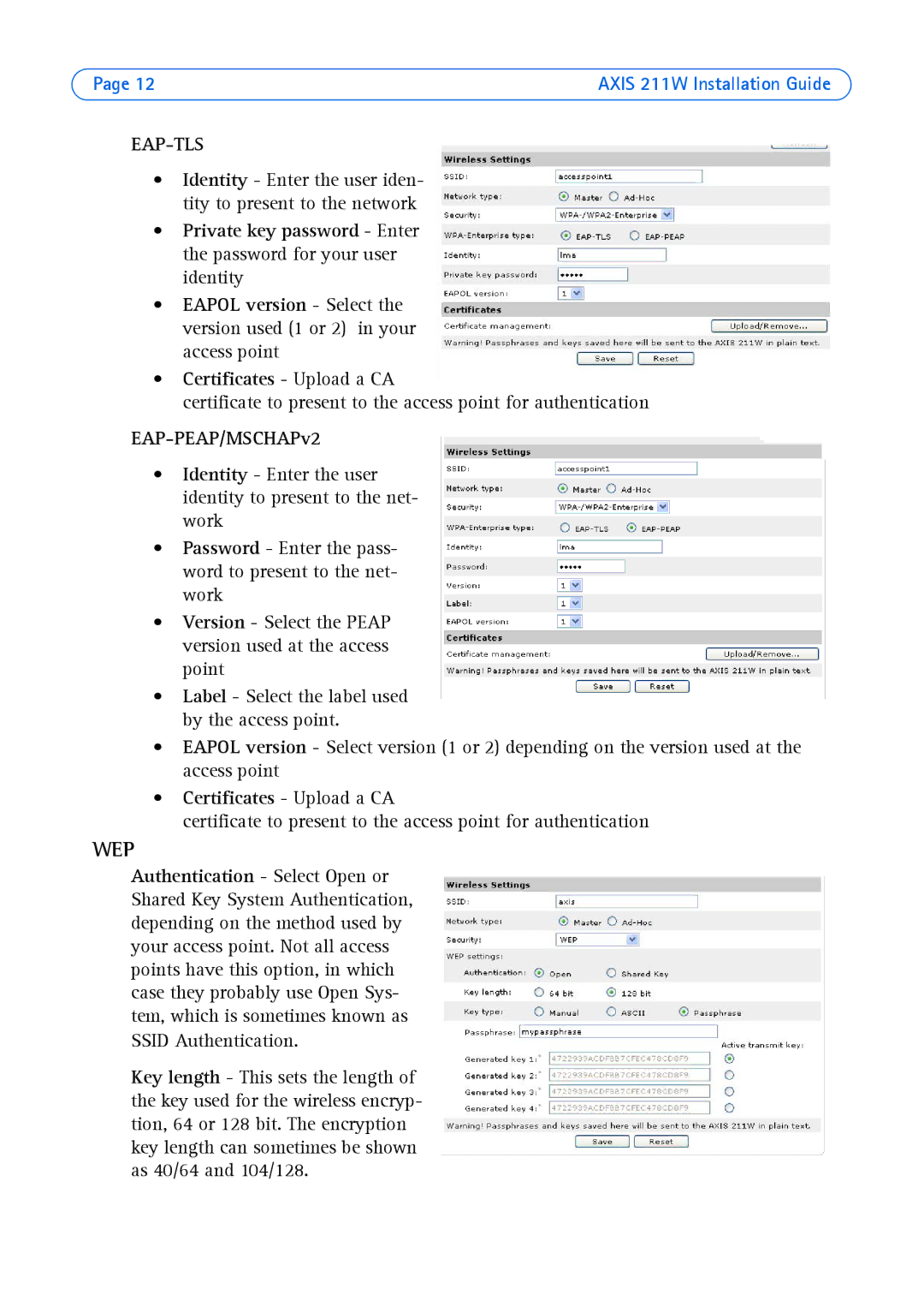 Axis Communications 211W manual Eap-Tls, EAP-PEAP/MSCHAPv2 