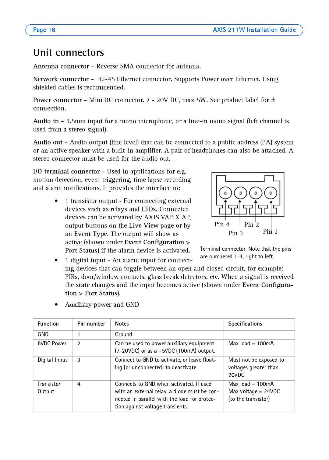 Axis Communications 211W manual Unit connectors, Function, Specifications 