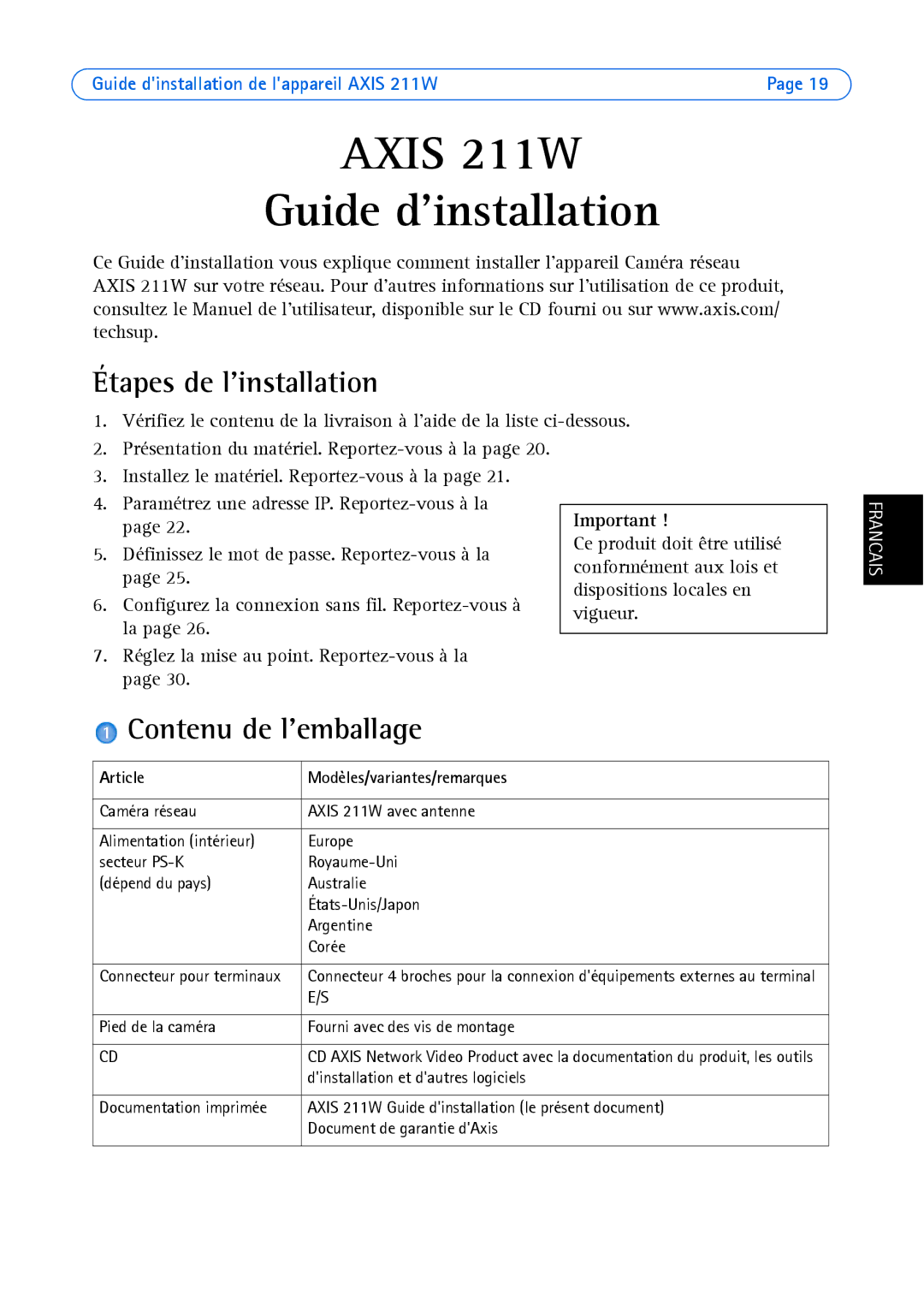 Axis Communications 211W manual Étapes de linstallation, Contenu de lemballage, Article Modèles/variantes/remarques 