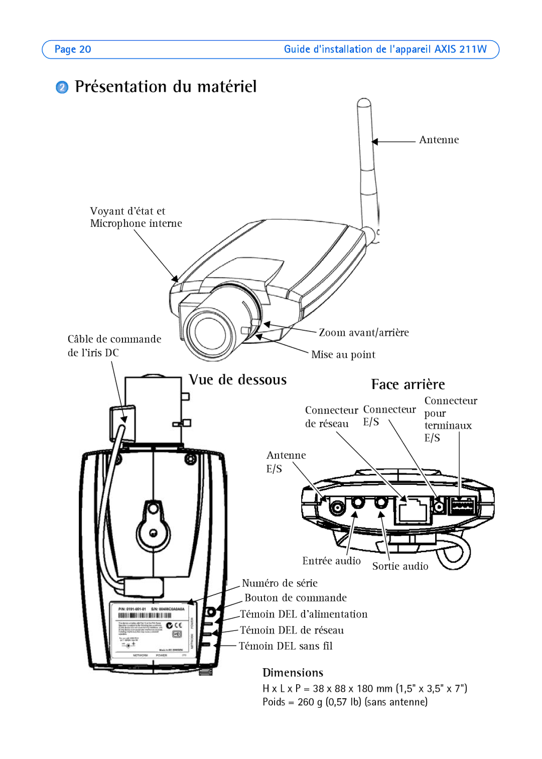 Axis Communications 211W manual Présentation du matériel, Vue de dessous Face arrière 