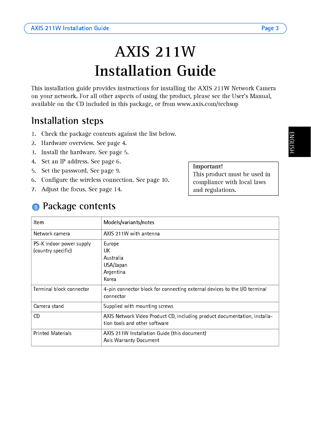 Axis Communications 211W manual Installation steps, Package contents 