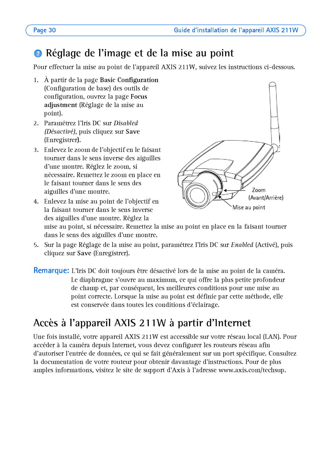 Axis Communications manual Réglage de limage et de la mise au point, Accès à lappareil Axis 211W à partir dInternet 