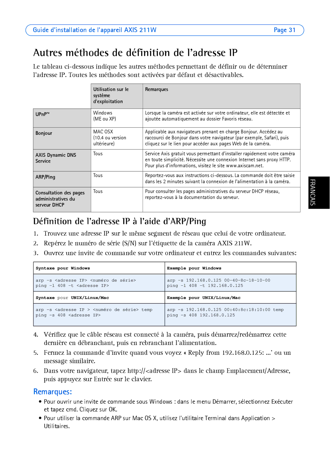 Axis Communications 211W manual Autres méthodes de définition de ladresse IP, Définition de ladresse IP à laide dARP/Ping 