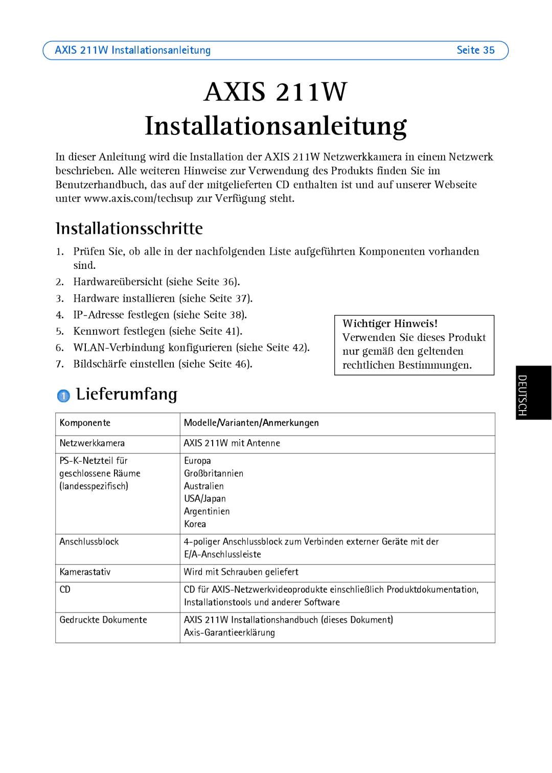 Axis Communications 211W manual Installationsschritte, Lieferumfang, Komponente Modelle/Varianten/Anmerkungen 