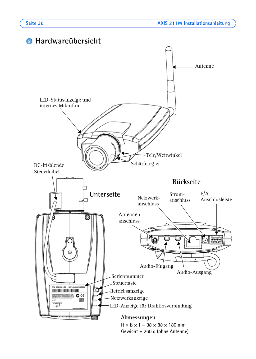 Axis Communications 211W manual Hardwareübersicht, Unterseite Rückseite, Abmessungen 