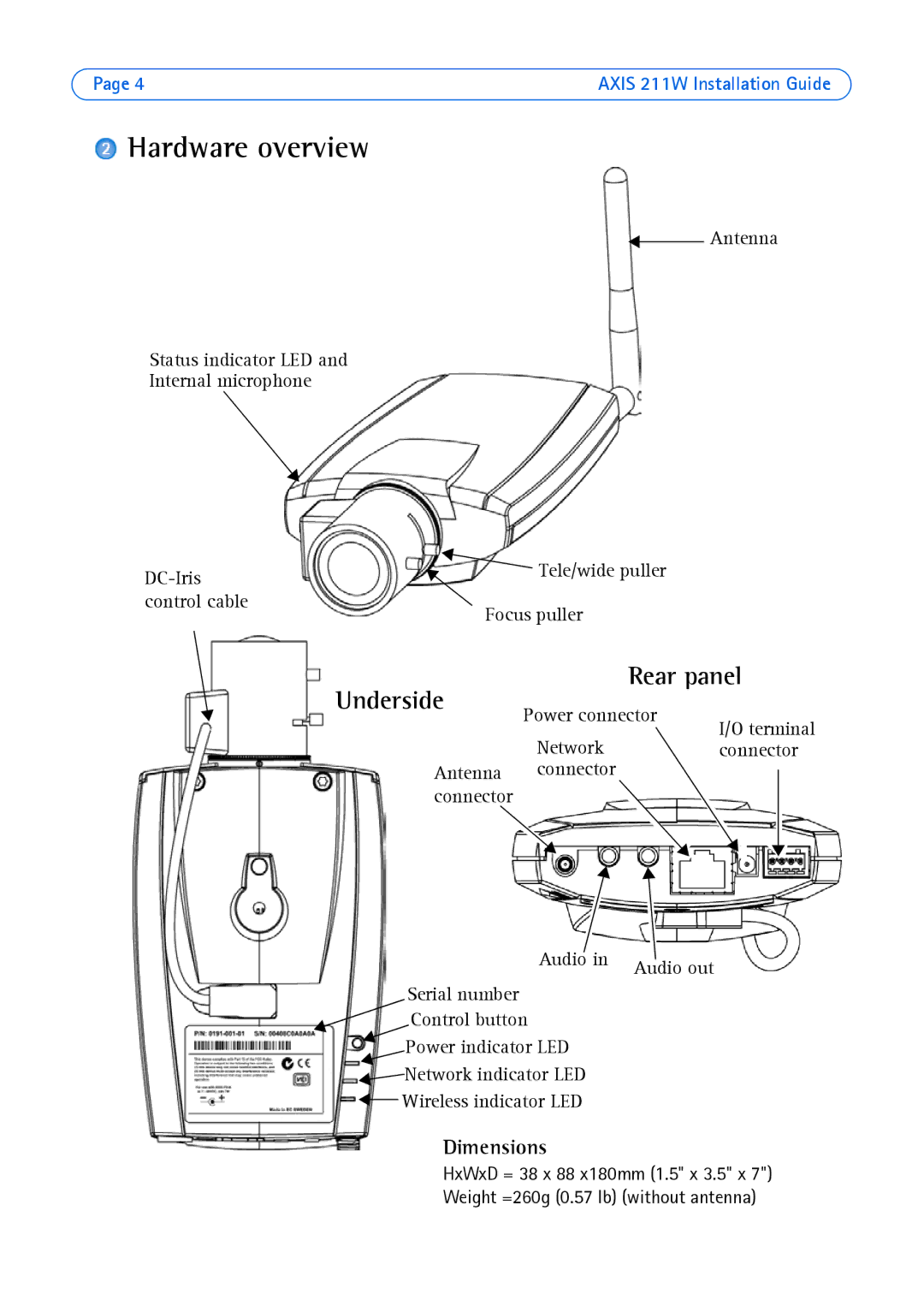 Axis Communications 211W manual Hardware overview, Underside Rear panel, Dimensions 