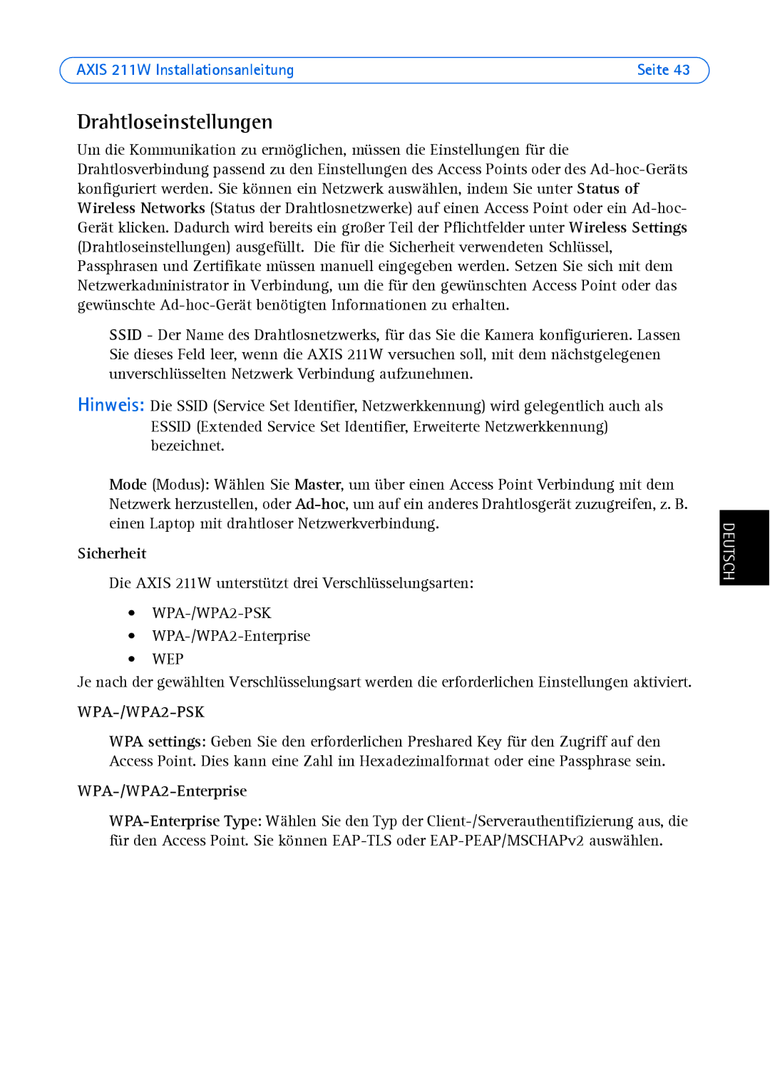 Axis Communications 211W manual Drahtloseinstellungen, Sicherheit 