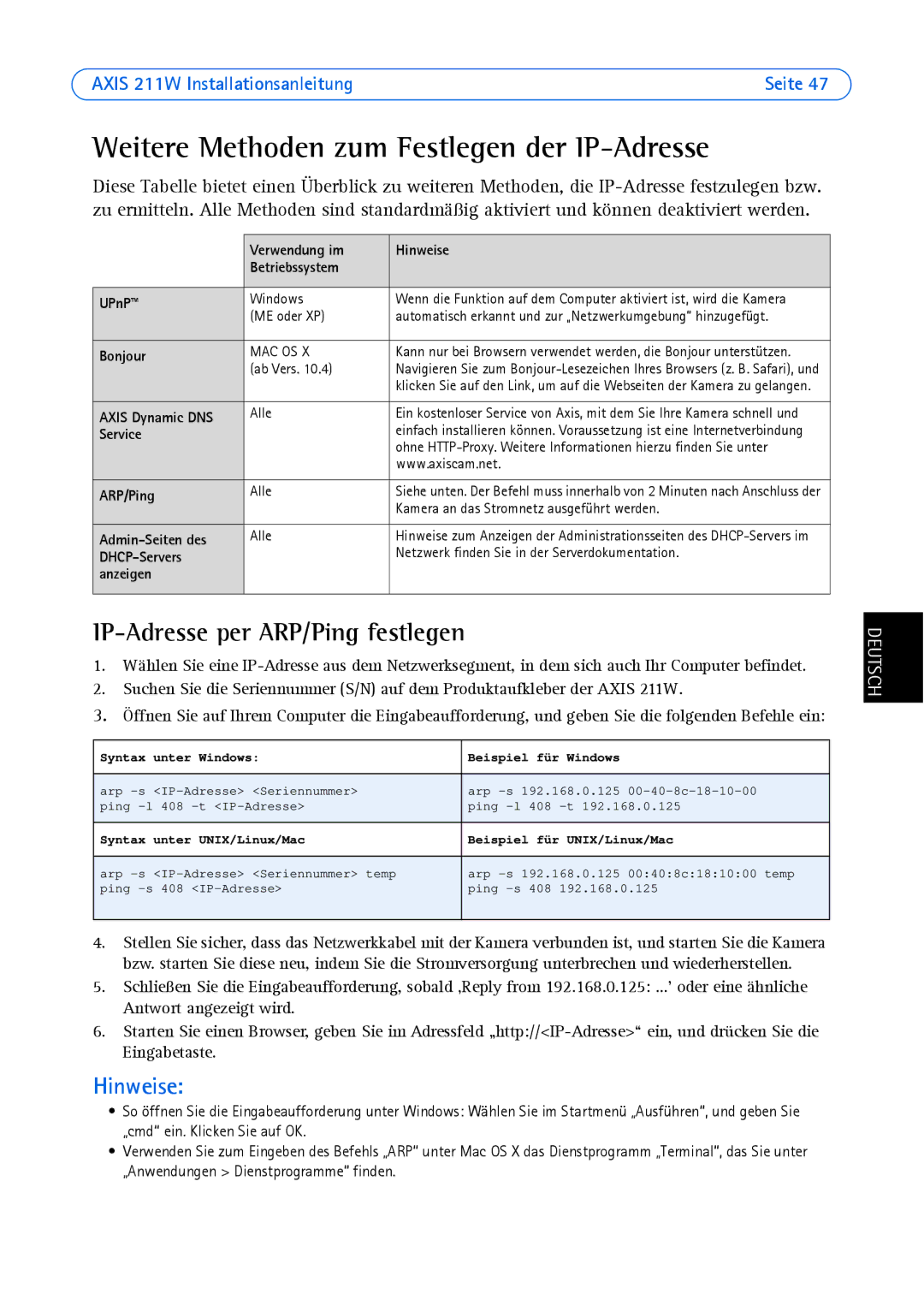 Axis Communications 211W manual Weitere Methoden zum Festlegen der IP-Adresse, IP-Adresse per ARP/Ping festlegen 