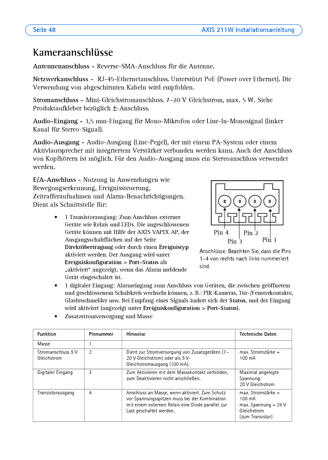 Axis Communications 211W manual Kameraanschlüsse, Funktion Pinnummer Hinweise Technische Daten 