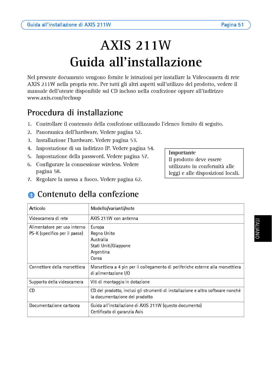 Axis Communications 211W manual Procedura di installazione, Contenuto della confezione, Importante 