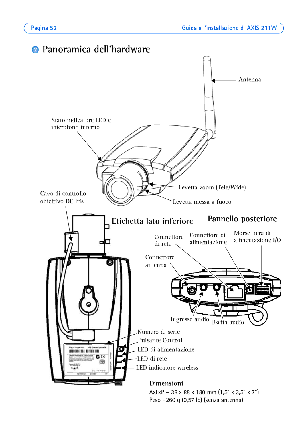 Axis Communications 211W manual Panoramica dellhardware, Etichetta lato inferiore, Dimensioni 