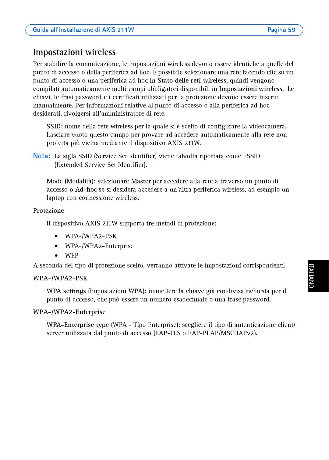 Axis Communications 211W manual Impostazioni wireless, Protezione 