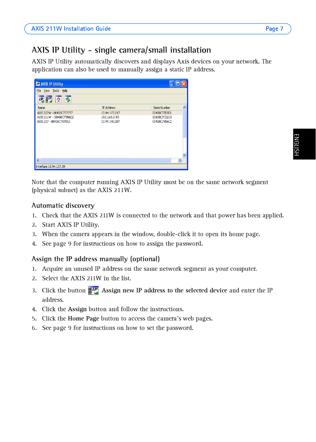 Axis Communications 211W manual Axis IP Utility single camera/small installation, Automatic discovery 