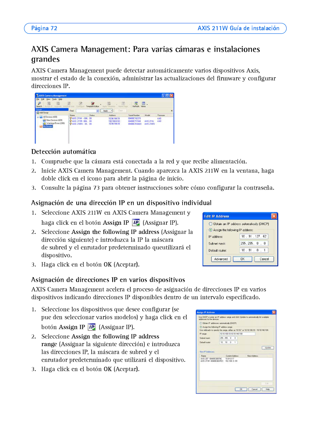 Axis Communications 211W manual Asignación de una dirección IP en un dispositivo individual 