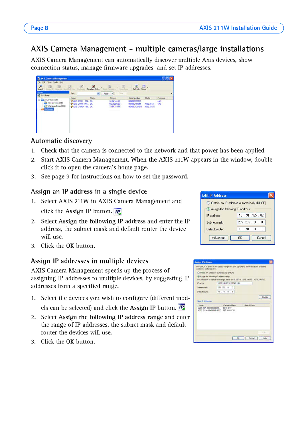 Axis Communications 211W manual Axis Camera Management multiple cameras/large installations 
