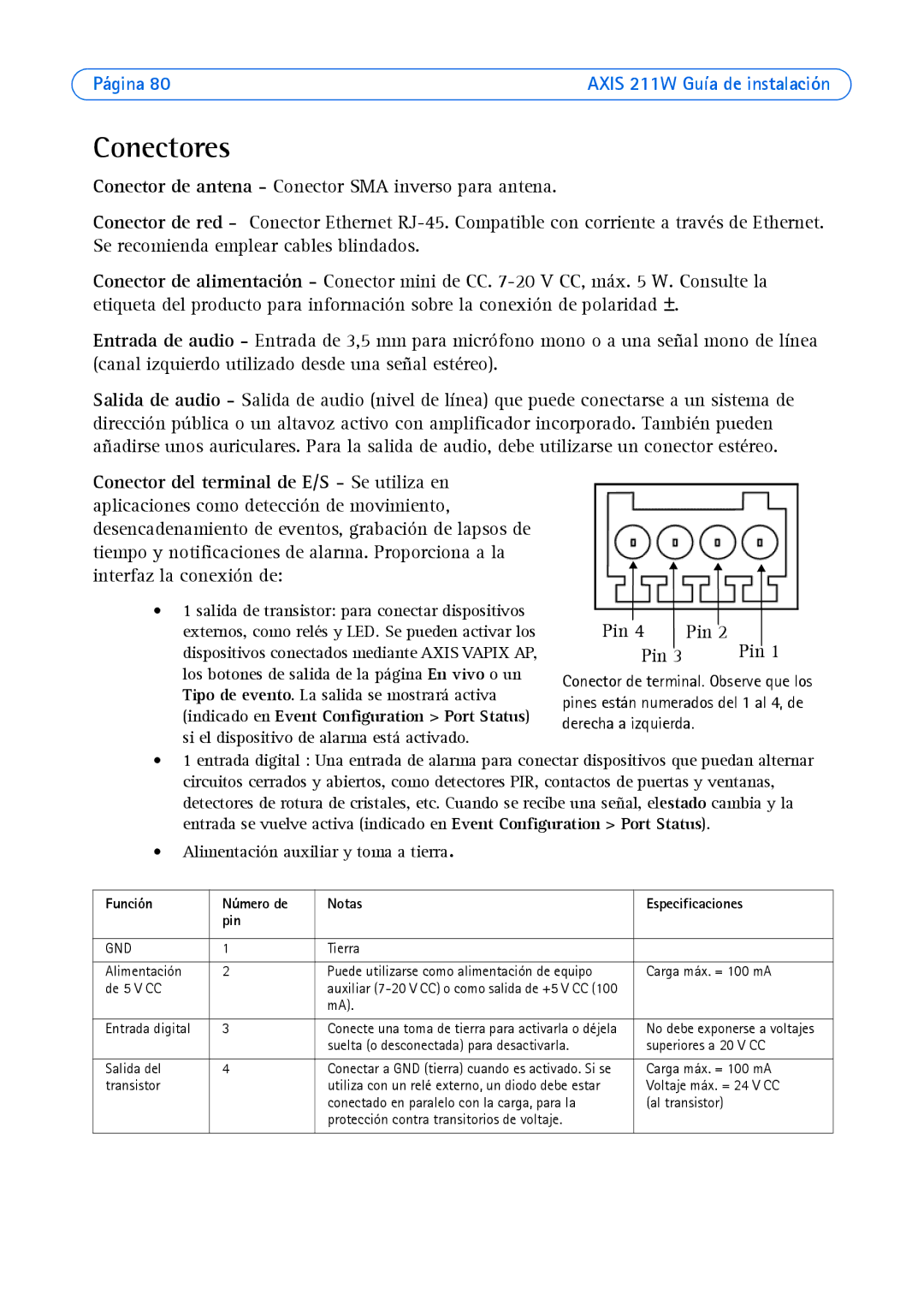 Axis Communications 211W manual Conectores, Función Número de Notas Especificaciones Pin 