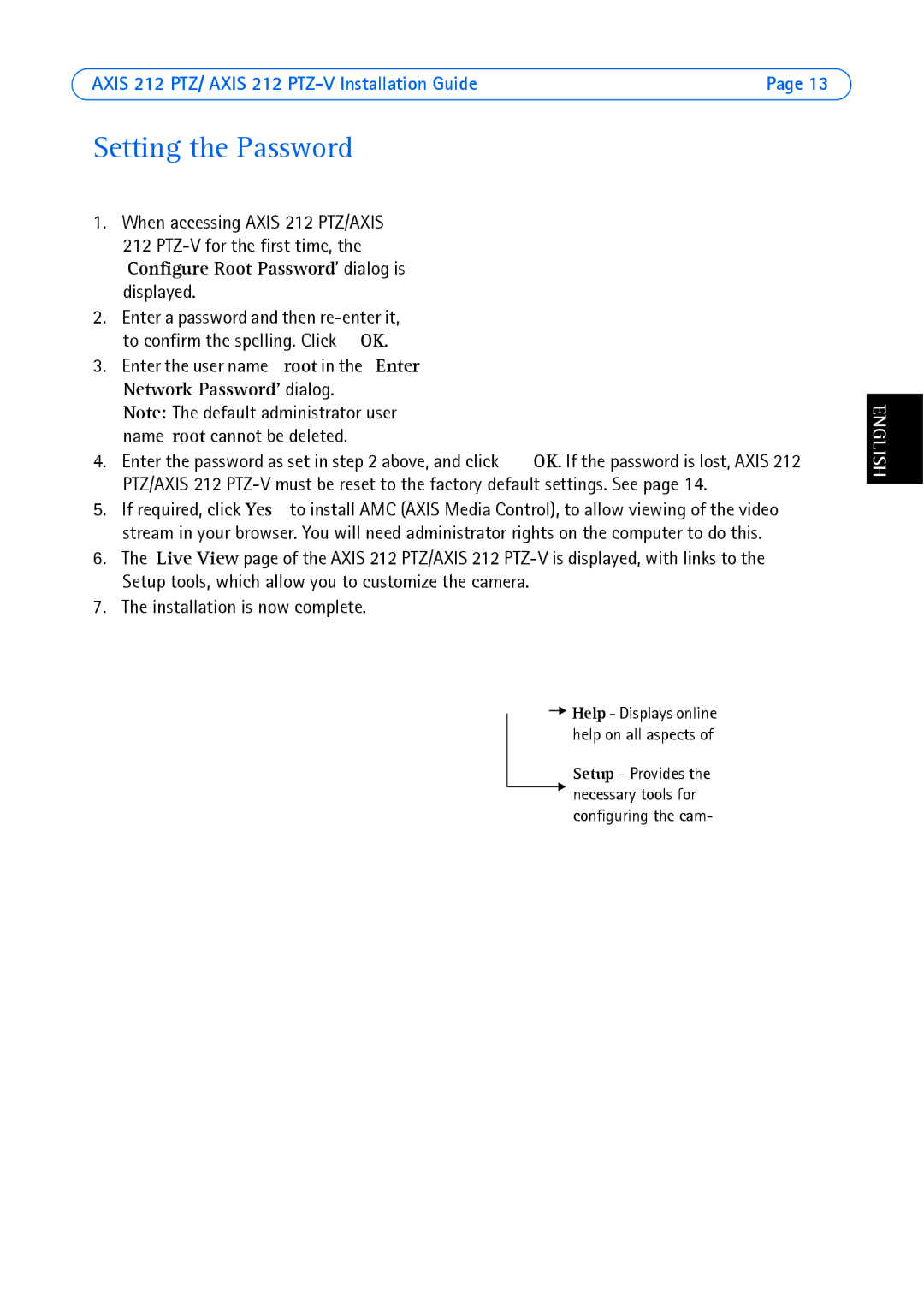 Axis Communications 212 PTZ-V manual Setting the Password 