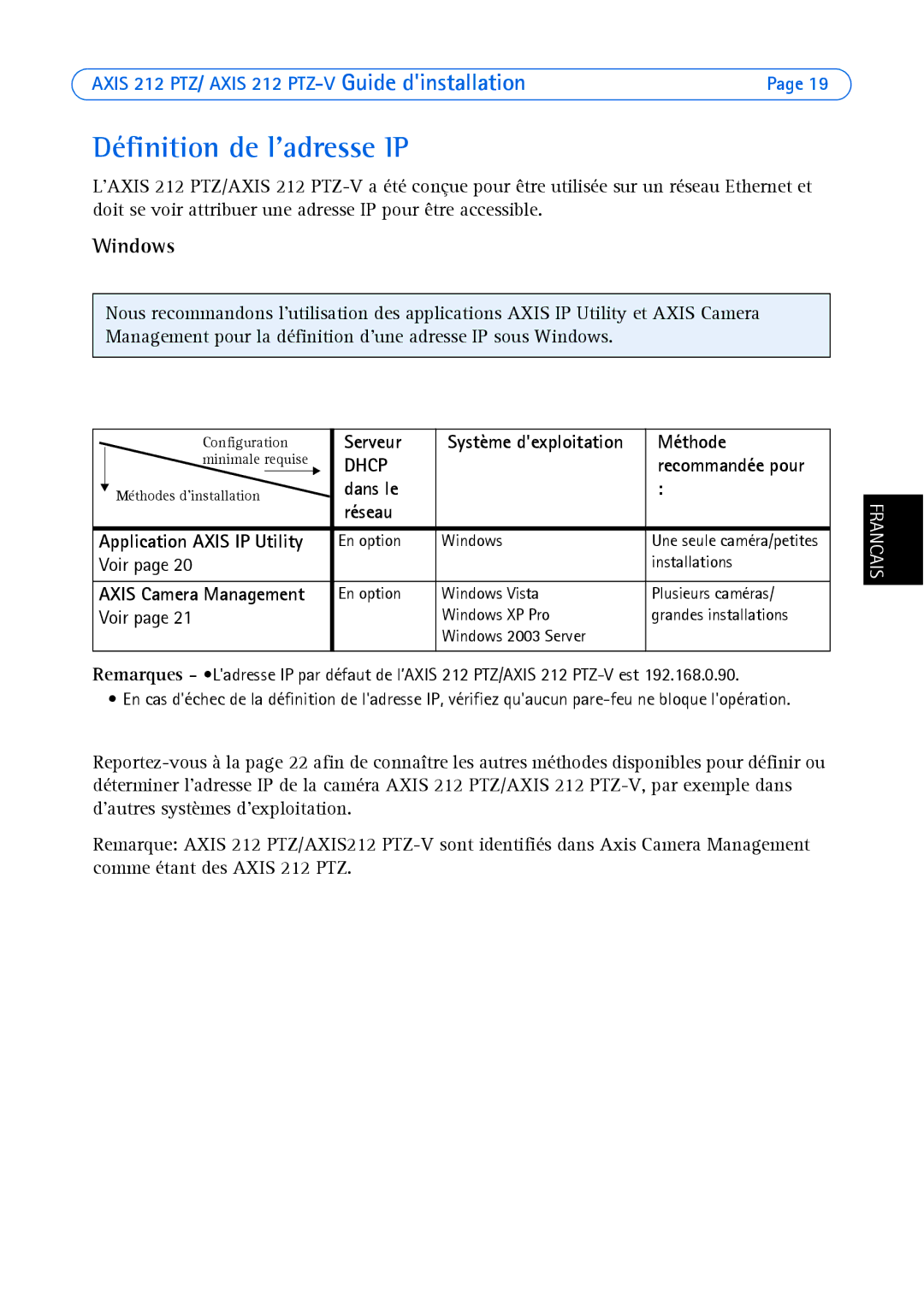 Axis Communications 212 PTZ-V manual Définition de ladresse IP, Windows, Serveur, Méthode 