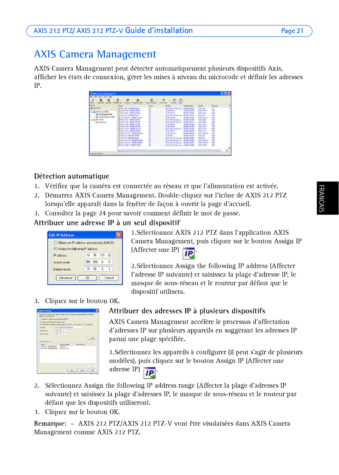 Axis Communications 212 PTZ-V manual Attribuer une adresse IP à un seul dispositif 