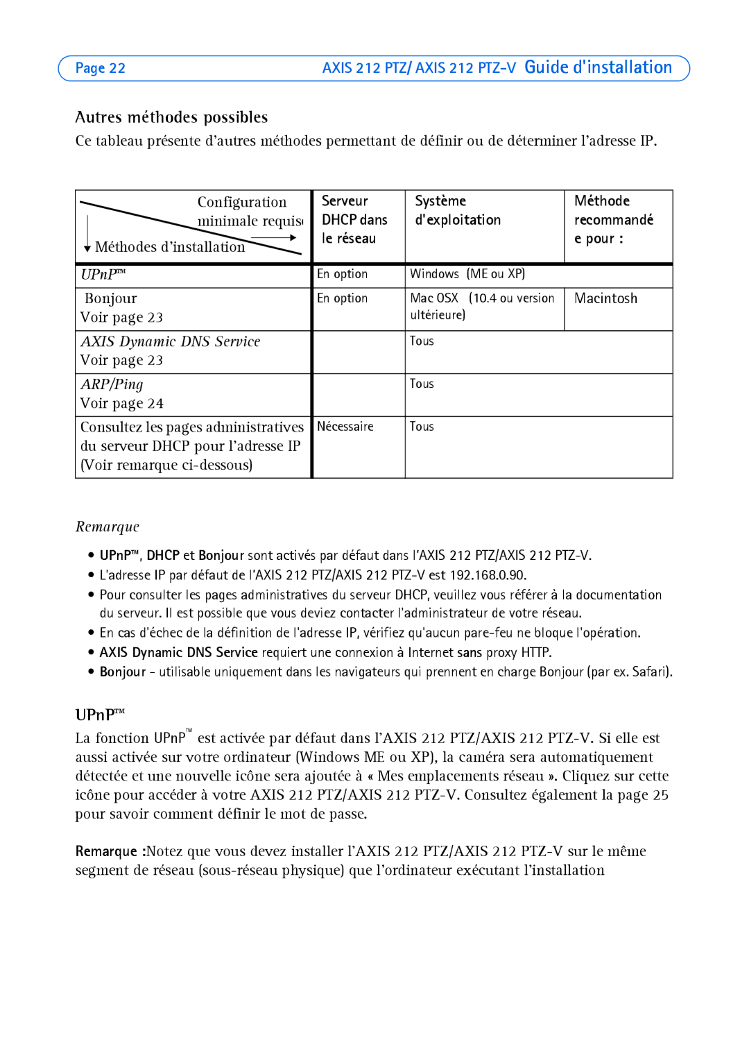 Axis Communications 212 PTZ-V manual Autres méthodes possibles, UPnP, Dhcp dans Dexploitation Recommandé Le réseau Pour 