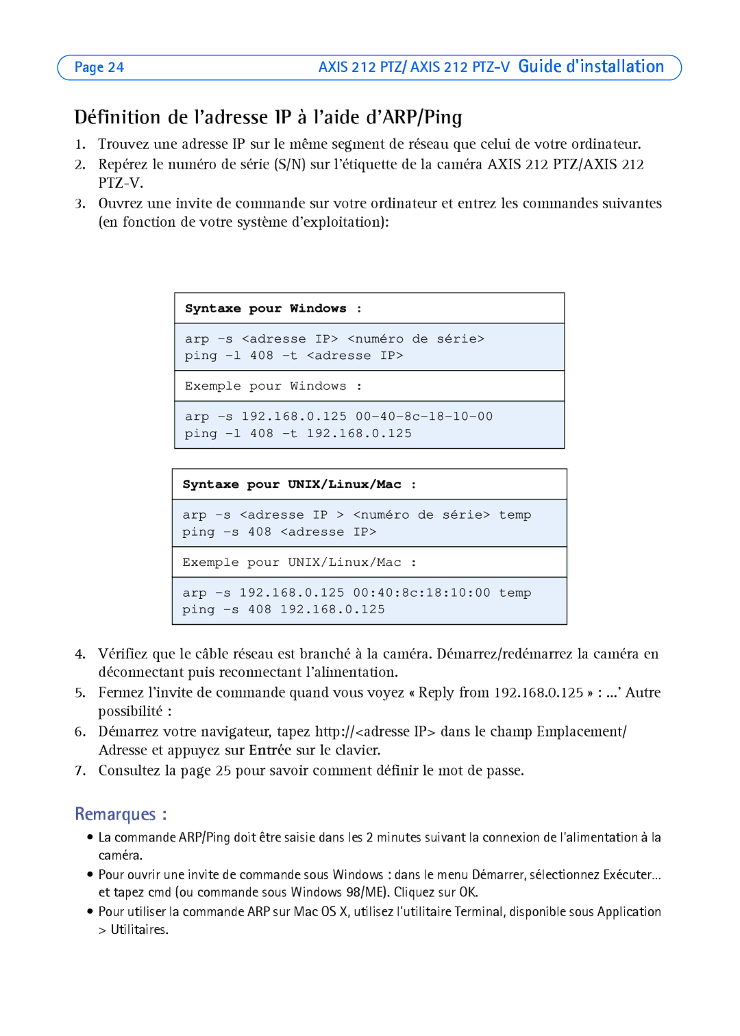 Axis Communications 212 PTZ-V manual Définition de ladresse IP à laide dARP/Ping, Syntaxe pour Windows 