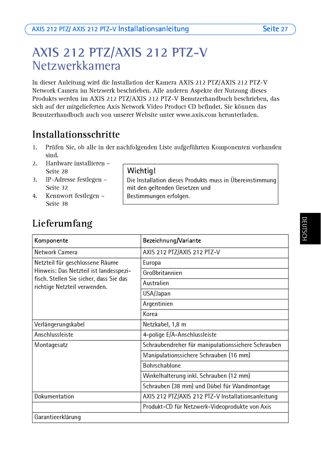 Axis Communications 212 PTZ-V manual Installationsschritte, Lieferumfang, Wichtig, Komponente Bezeichnung/Variante 