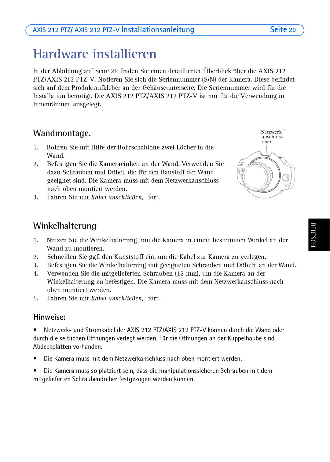 Axis Communications 212 PTZ-V manual Hardware installieren, Wandmontage, Winkelhalterung, Hinweise 