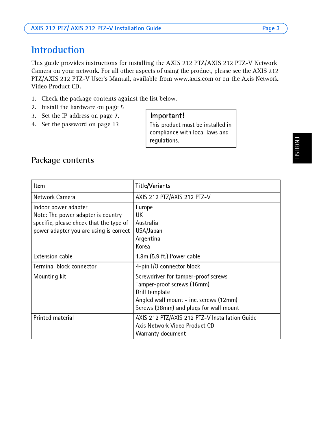 Axis Communications 212 PTZ-V manual Introduction, Package contents 