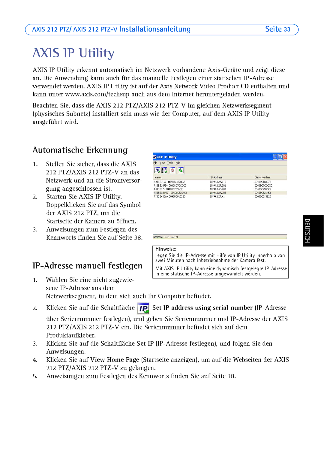 Axis Communications 212 PTZ-V manual Axis IP Utility, Automatische Erkennung, IP-Adresse manuell festlegen 