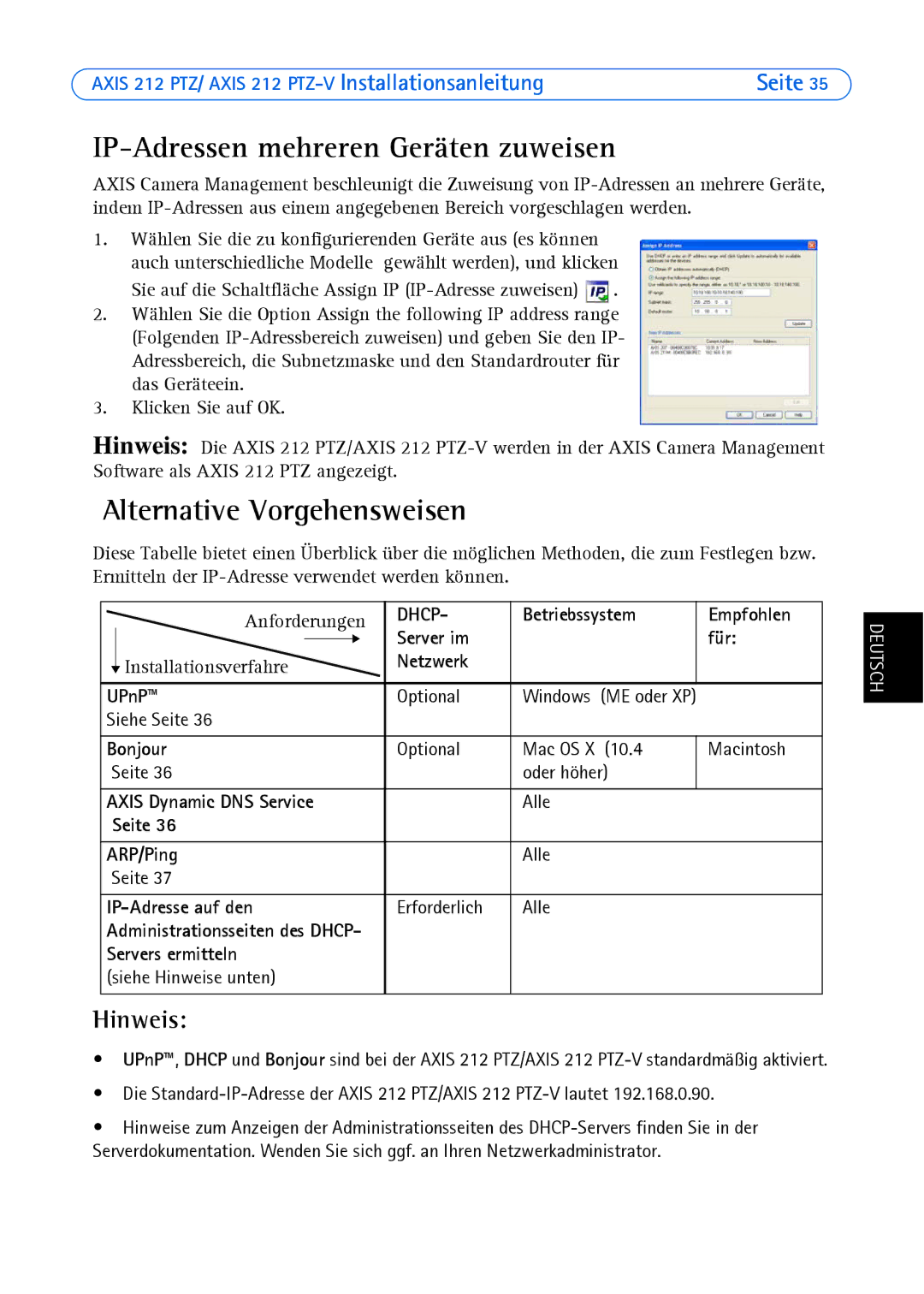 Axis Communications 212 PTZ-V manual IP-Adressen mehreren Geräten zuweisen, Alternative Vorgehensweisen, Hinweis 