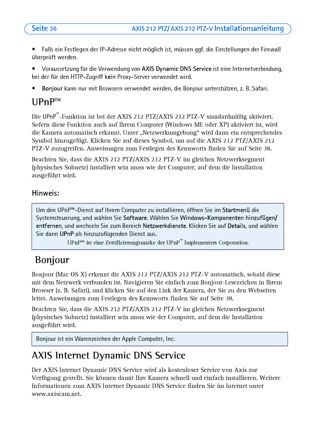 Axis Communications 212 PTZ-V manual UPnP, Bonjour, Axis Internet Dynamic DNS Service, Hinweis 