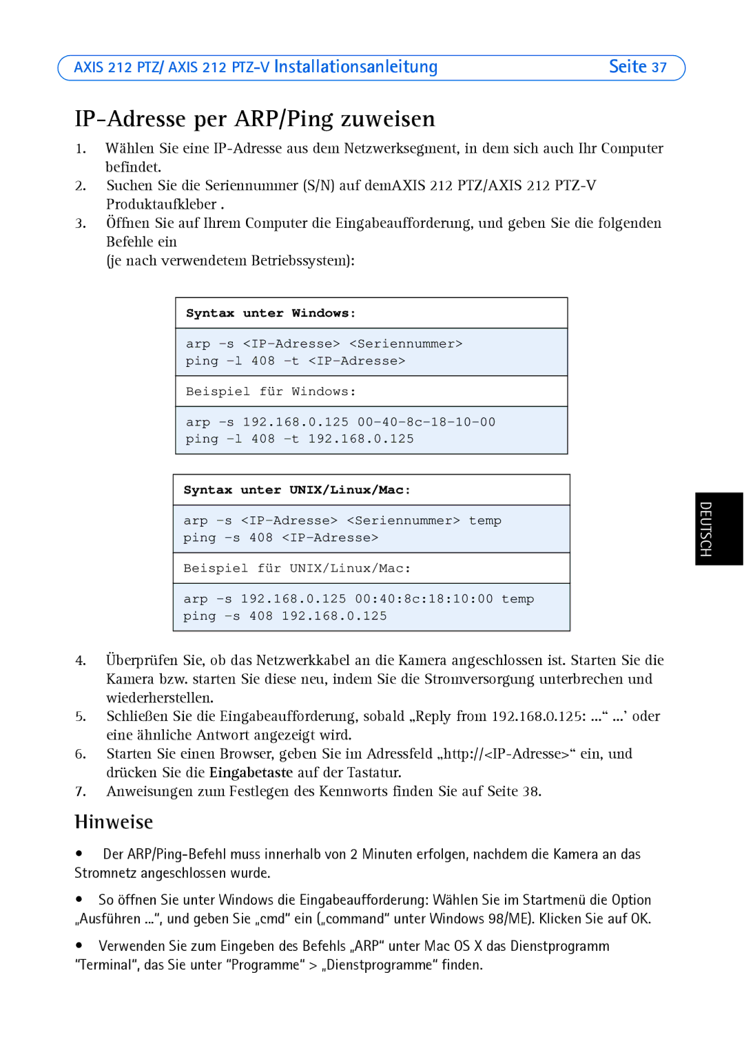 Axis Communications 212 PTZ-V manual IP-Adresse per ARP/Ping zuweisen, Syntax unter Windows 