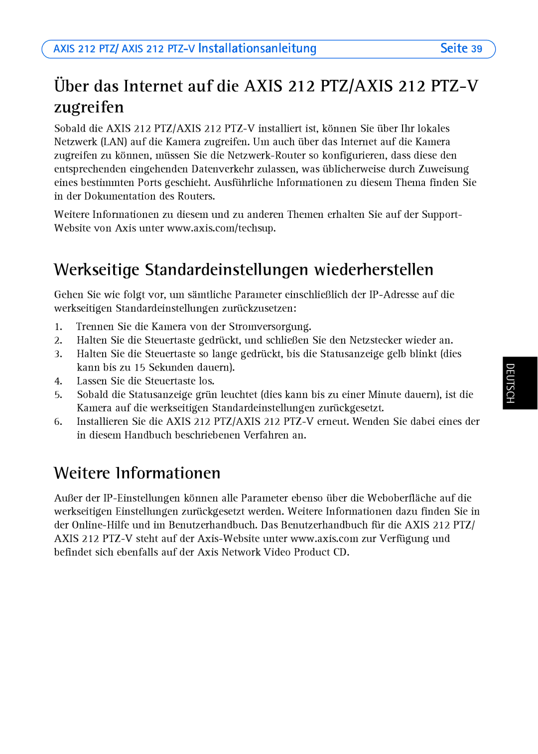 Axis Communications 212 PTZ-V manual Werkseitige Standardeinstellungen wiederherstellen, Weitere Informationen 