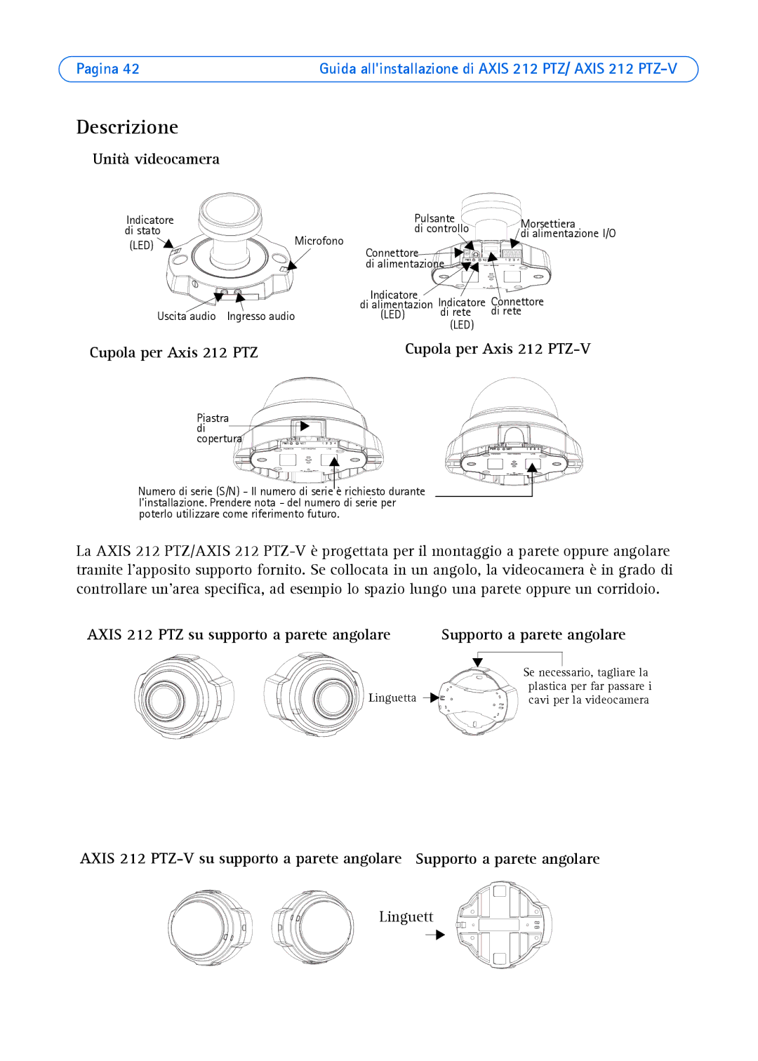 Axis Communications manual Descrizione, Unità videocamera, Cupola per Axis 212 PTZ Cupola per Axis 212 PTZ-V 