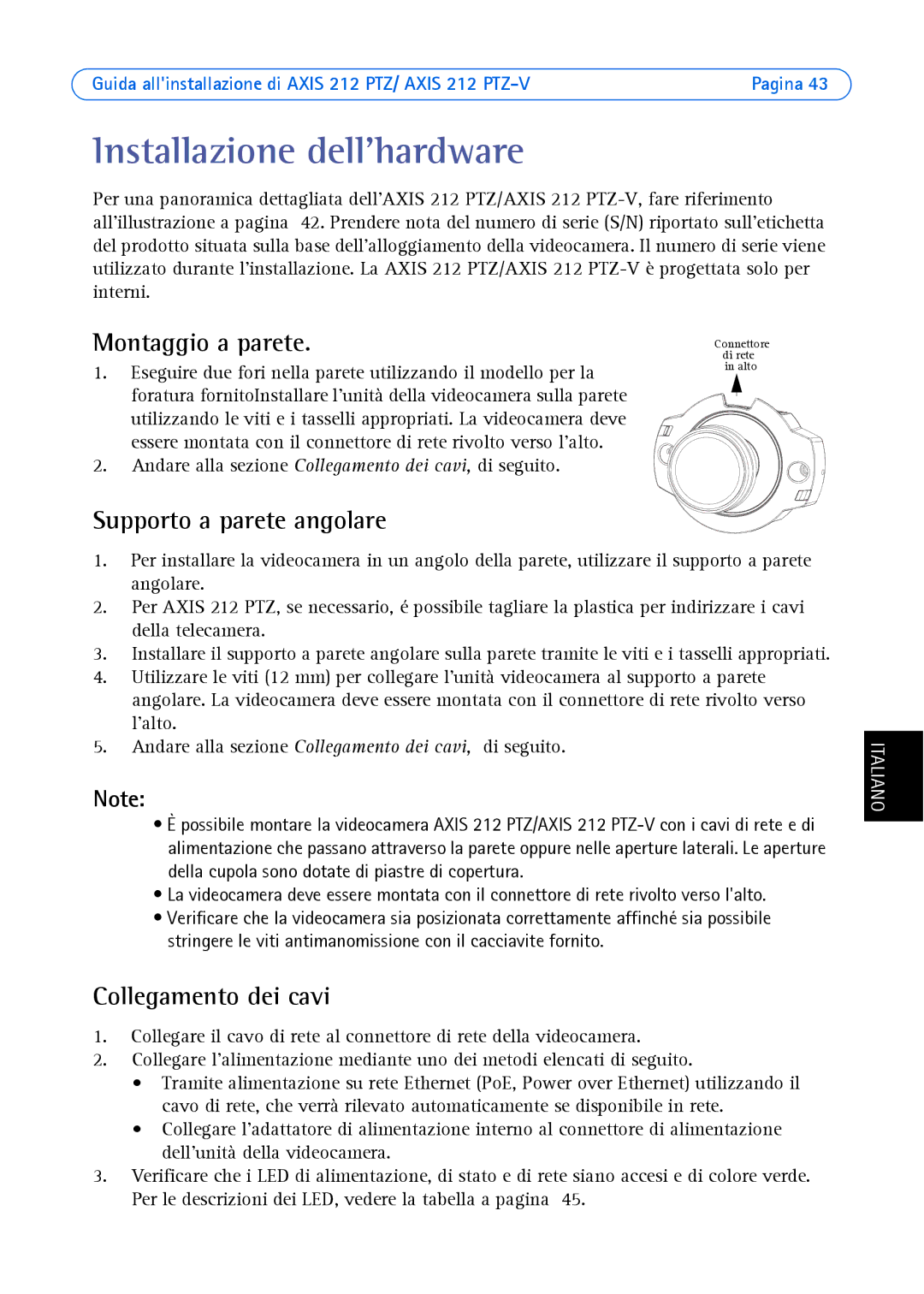 Axis Communications 212 PTZ-V manual Installazione dellhardware, Montaggio a parete, Supporto a parete angolare 