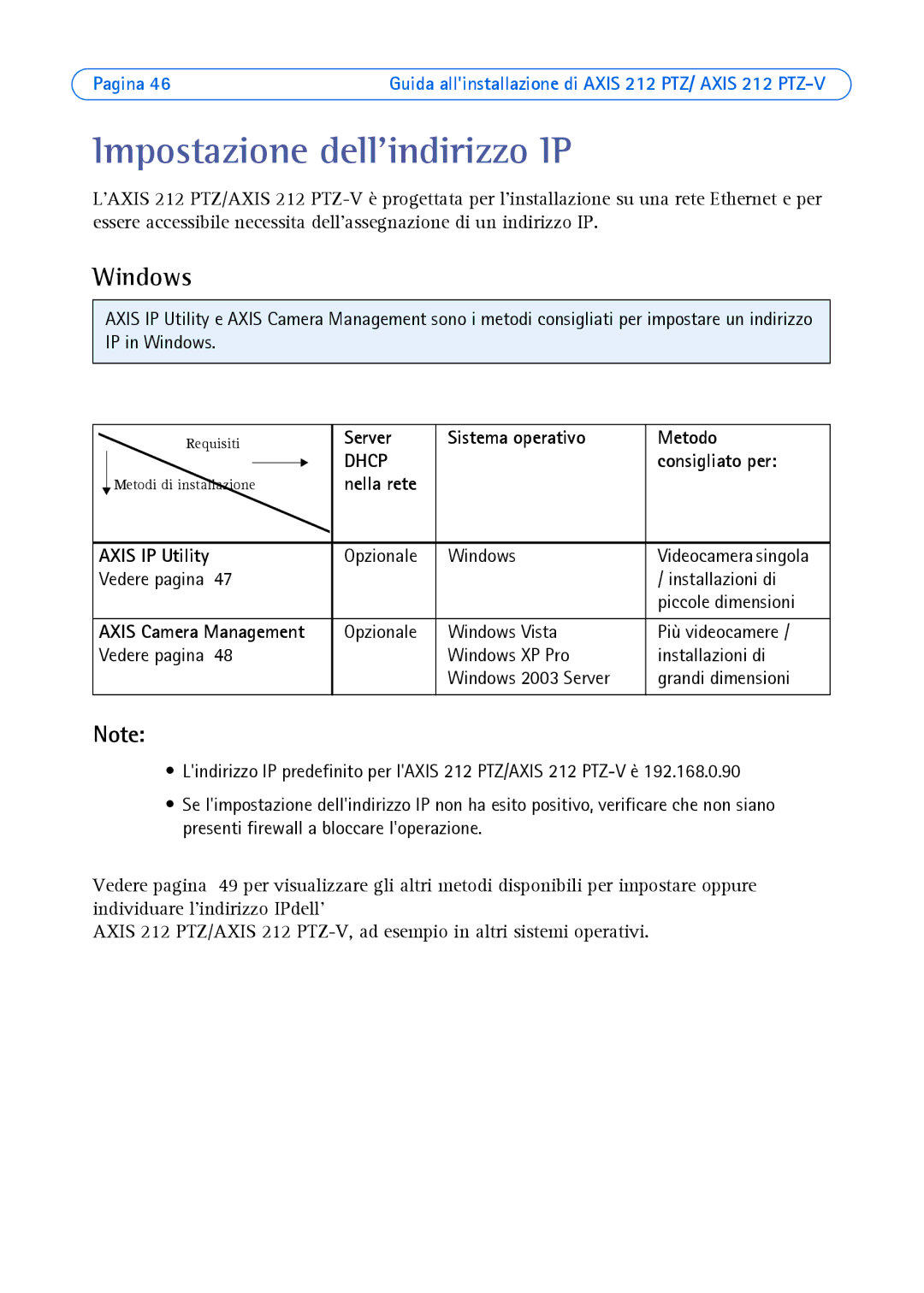 Axis Communications 212 PTZ-V Impostazione dellindirizzo IP, Windows, Server Sistema operativo Metodo, Consigliato per 