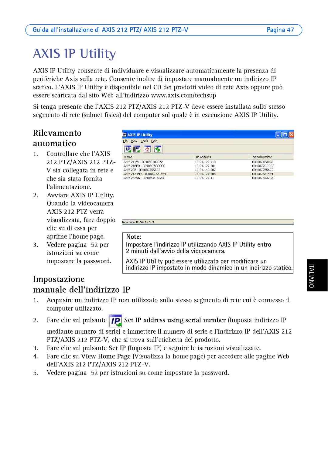 Axis Communications 212 PTZ-V manual Impostazione Manuale dellindirizzo IP, Rilevamento automatico 