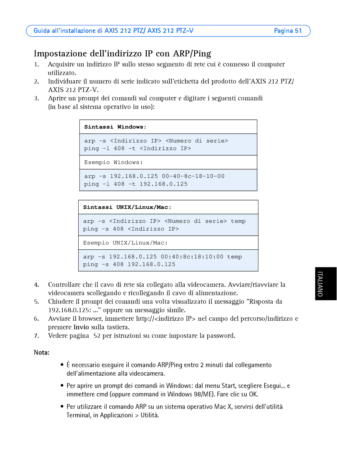 Axis Communications 212 PTZ-V manual Impostazione dellindirizzo IP con ARP/Ping, Sintassi Windows 