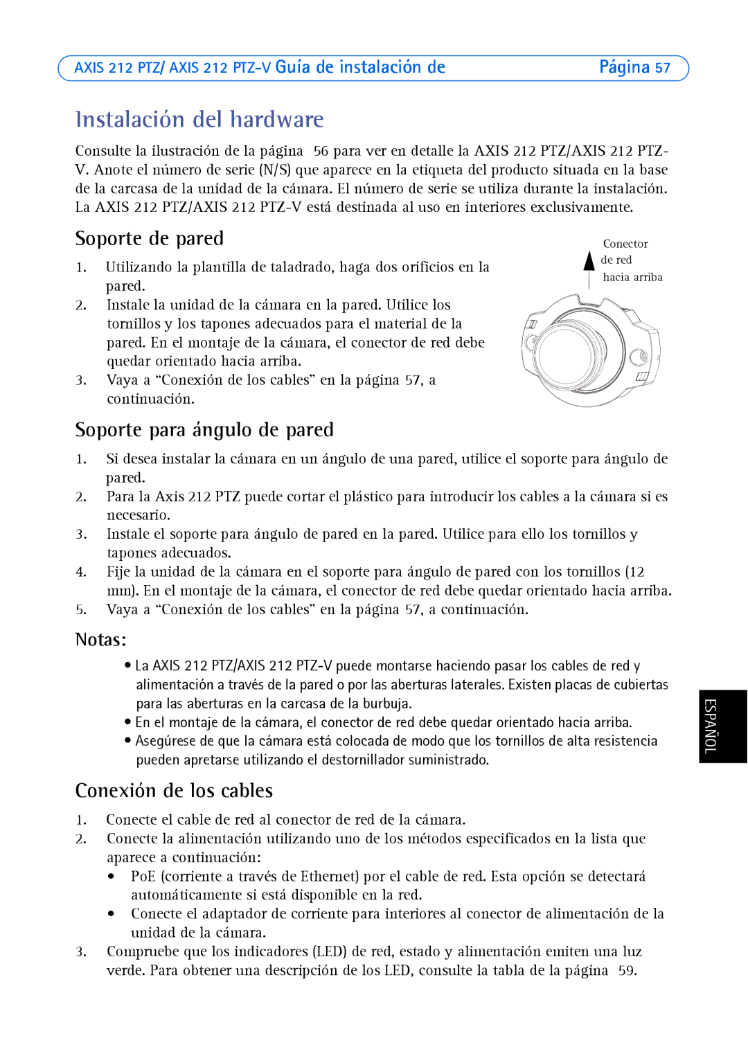 Axis Communications 212 PTZ-V manual Soporte de pared, Soporte para ángulo de pared, Conexión de los cables, Notas 