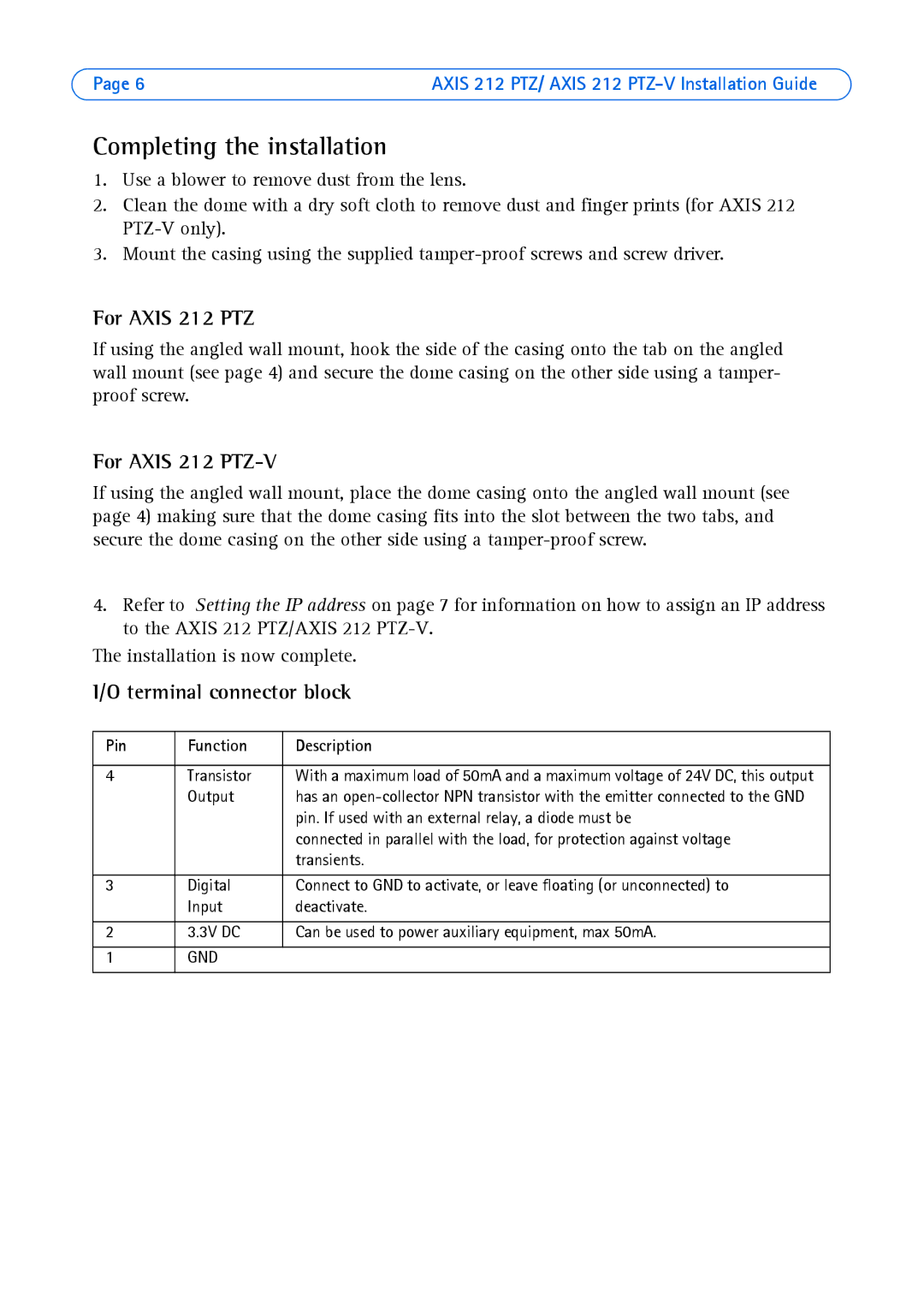 Axis Communications manual Completing the installation, For Axis 212 PTZ-V, Terminal connector block 