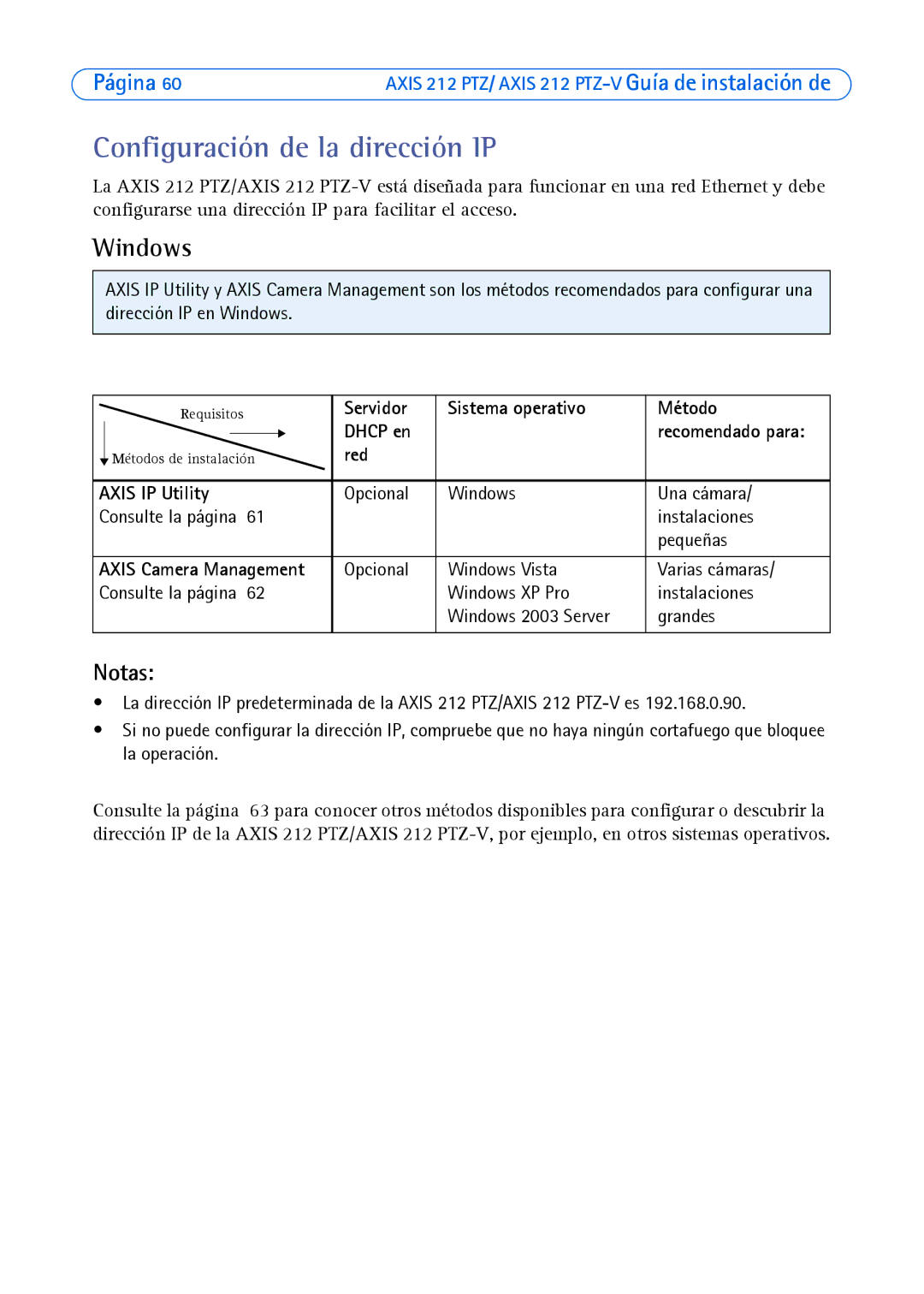 Axis Communications 212 PTZ-V manual Servidor Sistema operativo Método Dhcp en, Red Axis IP Utility 