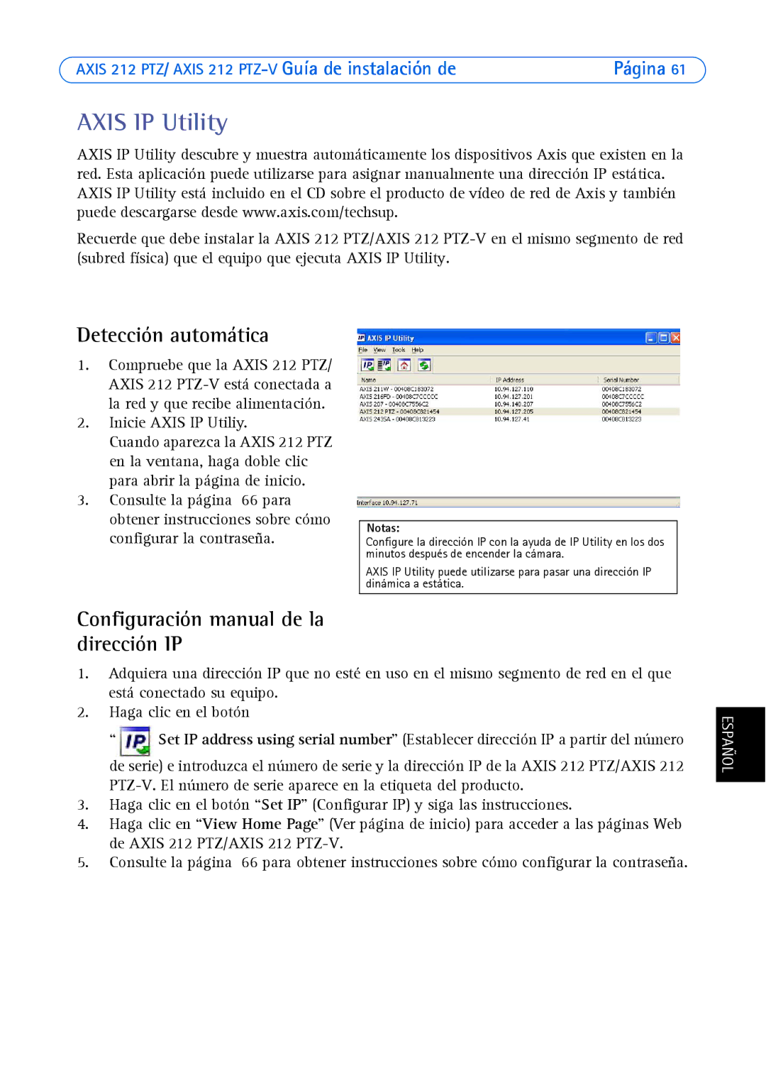 Axis Communications 212 PTZ-V Detección automática, Configuración manual de la dirección IP 