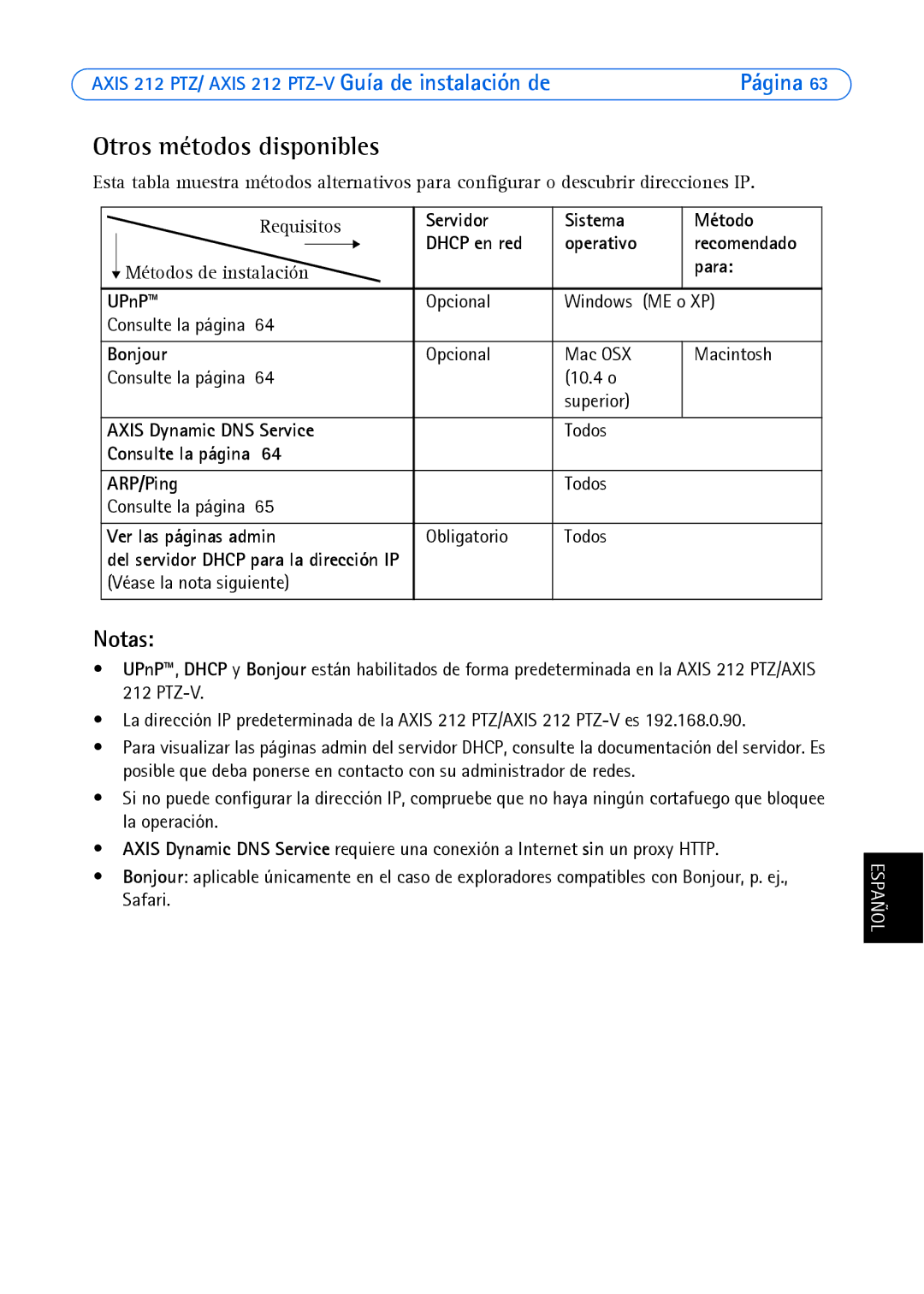 Axis Communications 212 PTZ-V manual Otros métodos disponibles, Servidor Sistema Método Dhcp en red, Recomendado, Para 