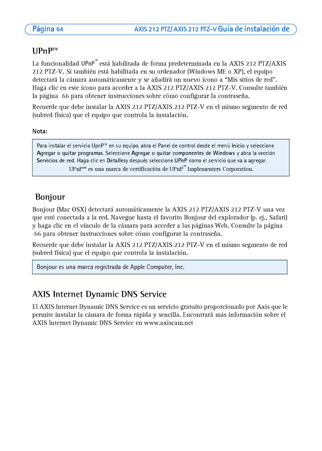 Axis Communications 212 PTZ-V manual UPnP, Axis Internet Dynamic DNS Service 