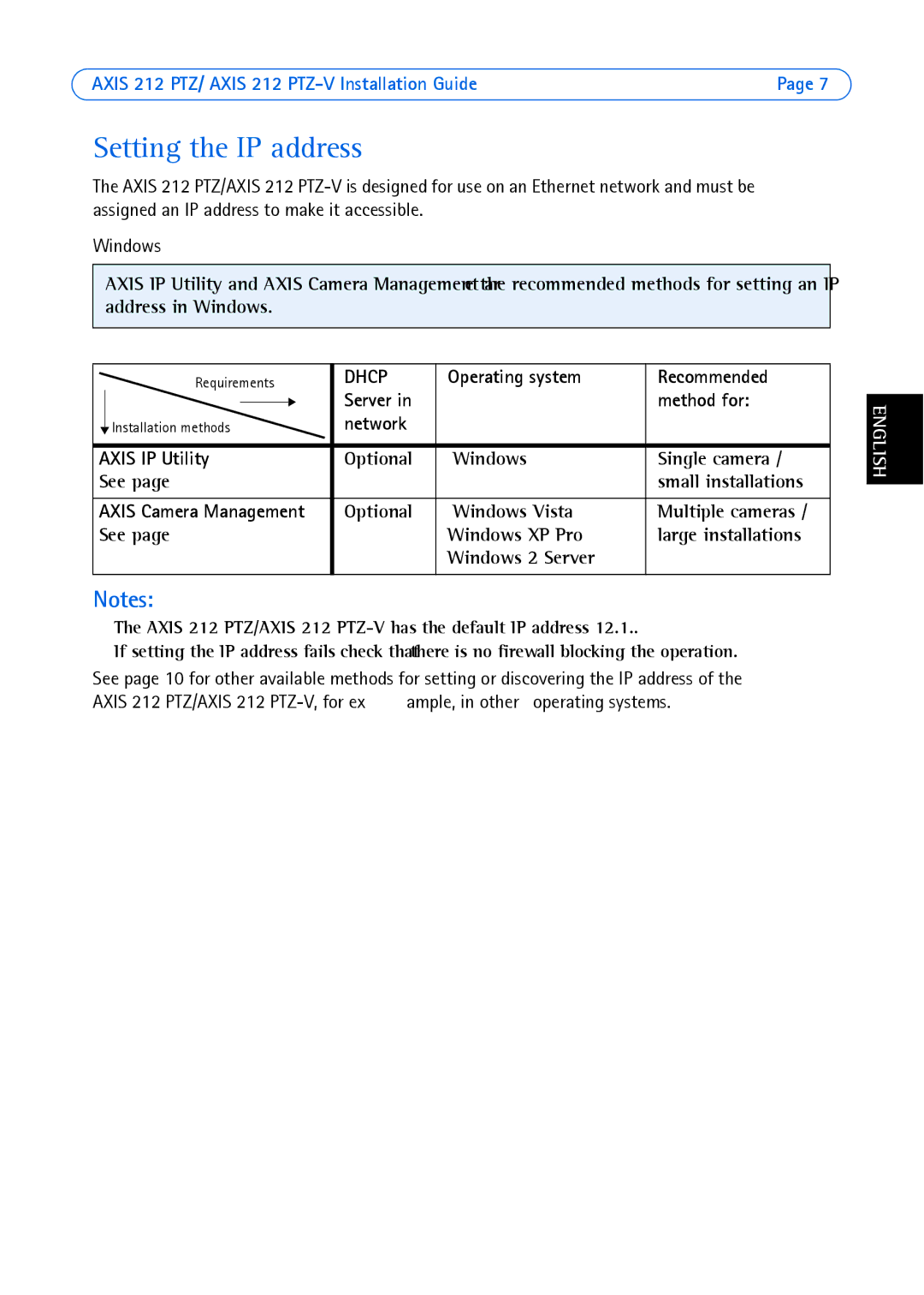 Axis Communications 212 PTZ-V manual Setting the IP address, Operating system Recommended Server Method for 