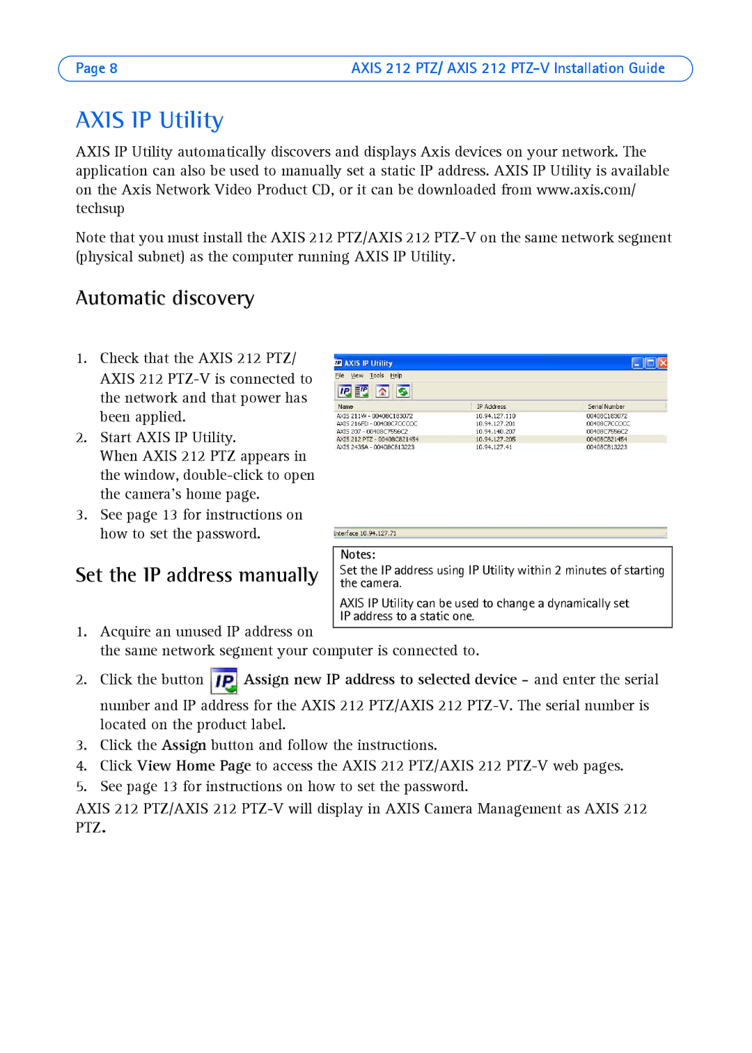 Axis Communications 212 PTZ-V Axis IP Utility, Automatic discovery, Set the IP address manually 