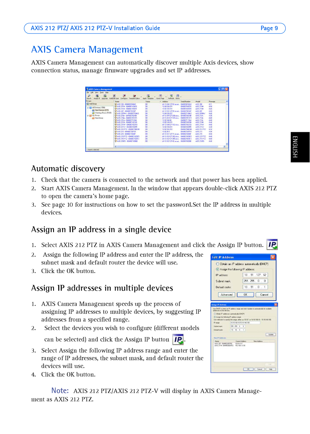 Axis Communications 212 PTZ-V manual Axis Camera Management, Assign an IP address in a single device 