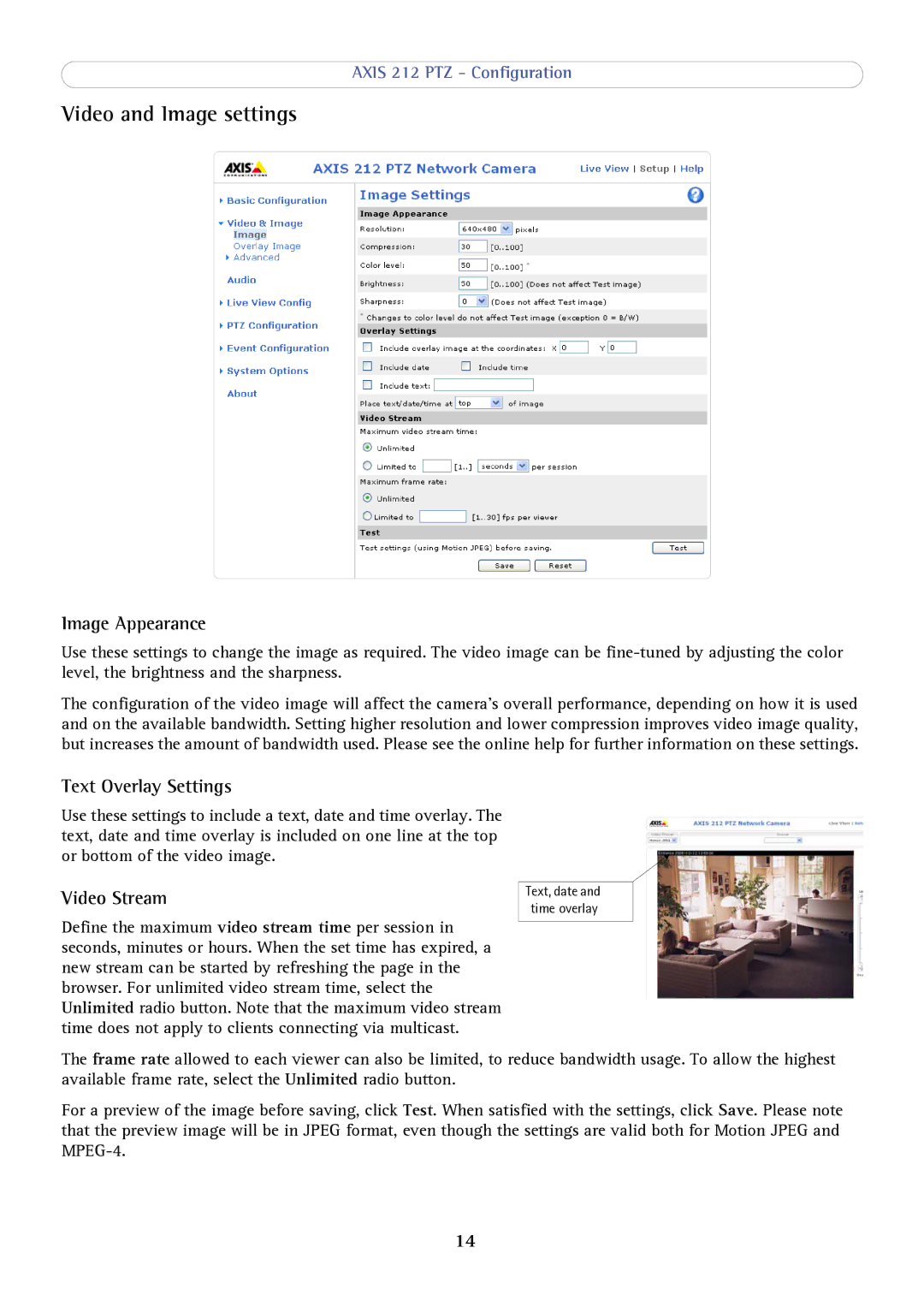 Axis Communications 212 PTZ user manual Video and Image settings, Image Appearance, Text Overlay Settings, Video Stream 